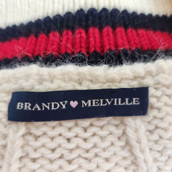 Brandy Melville Wool Blend Cable Knit Sweater-V Neck-Stripe Trim-Varsity-Prep-OS - Picture 8 of 12